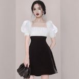 Square Neck Puff Sleeve Dress Slim Fit Lightweight Fabric Summer Casual Wear fast shipping