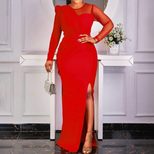 Plus Size Fashionable Color Block Mesh Panel Maxi Dress Elegant Split Design Perfect for Parties
