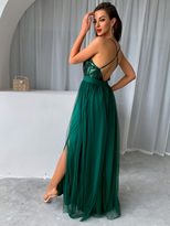 Womens Summer Dress Sexy Spaghetti Strap Sheer Mesh and Sequin Detail Flared Hem Evening Party Wear