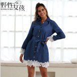 High Waisted Denim Dress Long Sleeve Tie Waist Casual Style Perfect for Spring and Summer Wholes