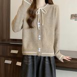 Color Block Knitted Cardigan for Women Loose Fit Soft Fabric with Bow Detail Spring Autumn Wear