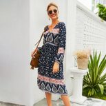 Bohemian Floral Print Maxi Dress for Spring Summer with Long Sleeves and Round Neck