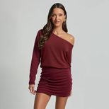 Elegant Off Shoulder Long Sleeve Bodycon Dress Slim Fit Asymmetrical Neckline Autumn Winter Styl