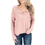 Waffle Knit Long Sleeve T Shirt for Women V Neck Button Design Casual Wear