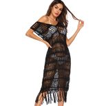 Sexy Hollow Out Deep V Neck Sleeveless Beach Dress with Fringe Lightweight Sheer Fabric Perfect