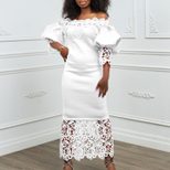 Off Shoulder Lace Trimmed Evening Dress Lantern Sleeves Elegant Design Perfect for Parties Whole