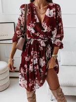 Chiffon Long Sleeve Printed Pleated Dress Elegant Design Lightweight Fabric Versatile Style Perf