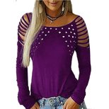 Long Sleeve T Shirt for Women Solid Color with Rhinestone Detail Casual Fall Winter Wear