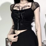 Lace Panel Short Sleeve Top Sexy Street Style Square Neck Slim Fit Womens Fashion for Casual Out