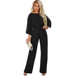 Womens Solid Color Loose Jumpsuit High Waist Tie Belt Three Quarter Sleeve Wide Leg Autumn Fashi