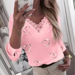 Heart Print V Neck Long Sleeve T Shirt for Women Summer Collection Casual Wear Ready to Ship Who