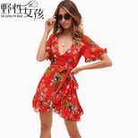 Floral Print V Neck Ruffle Hem Wrap Dress Elegant Design Comfortable Fit Versatile Style Perfect
