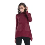 Womens Long Sleeve Pocket T Shirt Solid Color Irregular Hem Mid Length Casual Wear for Spring Wh