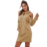 Hooded Off Shoulder Womens Sweatshirt Dress Color Block Design Long Sleeve Casual Style Perfect
