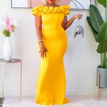 Fishtail Evening Dress Solid Color Ruffle Trim Slim Fit Elegant for Parties and Special Occasion