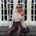 Womens Long Sleeve T Shirt Sheer Mesh Floral Embellishments Asymmetrical Shoulder Trendy Street