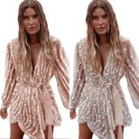 Sequin Mini Dress for Women V Neck Long Sleeve Asymmetrical Design Evening Party or Cocktail Wea
