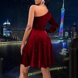 Elegant Burgundy One Shoulder Dress Sexy Fit Short Length Autumn Winter Style Wholesale Availabl