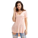 Womens Distressed T Shirt Loose Fit Short Sleeve Round Neck Solid Color Casual Wear