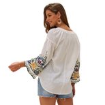 Embroidered V Neck Cotton Linen T Shirt for Women Casual Fit Short Sleeve Autumn Fashion