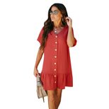 Ruffled Hem Short Skirt V Neck Button Down Short Sleeve Knee Length Casual Summer Dress Wholesal