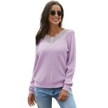 Womens Ribbed Knit Sweater V Neck Long Sleeve Lace Trim Autumn Winter Fashion Wholesale Availabl