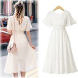 Chiffon Floral Print Dress V Neck Flared Sleeves Slim Fit Summer Casual Wear Wholesale Available