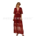 Lace Maxi Dress for Women V Neck Embroidered Sleeveless Solid Color Summer Vacation Wear