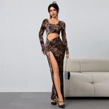 Leopard Print Maxi Dress Sexy Y2K Style Hollow Out Design Autumn Winter Fashion Wholesale Availa