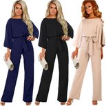 Womens Solid Color Loose Jumpsuit High Waist Tie Belt Three Quarter Sleeve Wide Leg Autumn Fashi