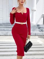 Elegant Long Sleeve Bodycon Dress Square Neck Side Slit Figure Flattering Perfect for Parties an