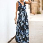 Summer Womens Floral Print Maxi Dress with V Neck and Sleeveless Design for Casual Wear in Multiple Sizes
