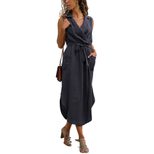 Summer Womens Dress Solid Color Sleeveless High Waist Tie Belt Midi Length Casual Wear Wholesale