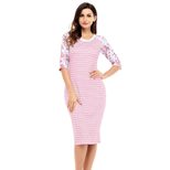 Striped Color Block Short Sleeve Dress for Women Loose Fit Round Neck Mid Length Casual Wear