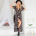 Floral Print Dress V Neck Short Sleeve Side Slit Summer Beach Vacation Wear Wholesale Available
