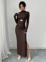 Slim Fit Long Sleeve Midi Dress Sexy Side Slit Waist Cutout Elegant Style Perfect for Autumn and
