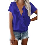 Womens Solid Color Pullover T Shirt V Neck Ruffle Short Sleeves Elastic Waist Summer Casual Wear