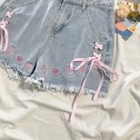 Japanese Style High Waisted Denim Shorts Blue Embroidered Frayed Hem Cute Loose Fit Summer Casua