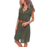Summer Womens Shirt Dress Loose Fit V Neck Solid Color Button Closure Waist Defined Casual Wear