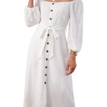Elegant Long Sleeve A Line Dress Off Shoulder Neckline Button Closure Side Slit Perfect for Offi