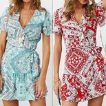 Casual Floral Print Dress Short Sleeve Tie Design Sexy Style Spring Summer Vacation Wear Ready t