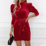 Velvet Bodycon Dress Elegant Tie Waist Design Long Sleeve Slim Fit Perfect for Parties and Event