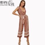 High Waist Deep V Cutout Jumpsuit Floral Print Sexy Style Comfortable Fit Wholesale Available