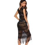 Sexy Hollow Out Deep V Neck Sleeveless Beach Dress with Fringe Lightweight Sheer Fabric Perfect