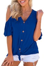 Womens Off Shoulder V Neck Button Knot Short Sleeve T Shirt Casual Fit Lightweight Fabric Summer Wear Wholesale