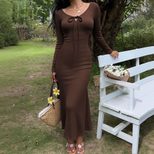 V Neck Long Sleeve Bodycon Dress Slim Fit A Line Silhouette Elegant Style Perfect for Early Autu
