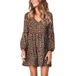 Leopard Print Long Sleeve Knee Length Dress Ruffled Hem Loose Fit Winter Style Wholesale Availab