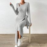Knitted Grey Dress Irregular Hem Long Silhouette Autumn Winter Style Wholesale Womens Fashion Ap