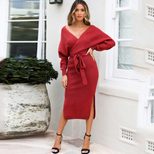V Neck Knitted Sweater Dress for Women Solid Color Long Sleeve Casual Fall Winter Wear