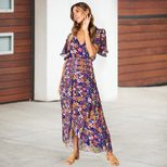 Womens Floral Maxi Dress Short Sleeve V Neck High Waist Elegant Casual Wear customizable